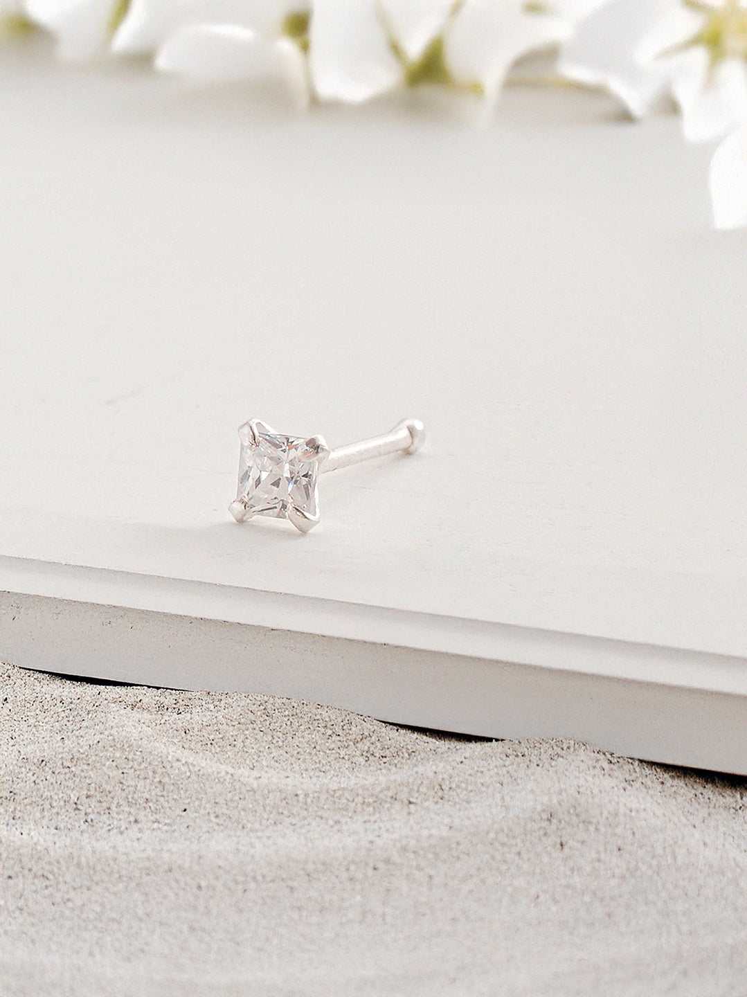 925 Sterling Silver Princess Cut AD Solitaire Single Studds Shiny Nose Pin